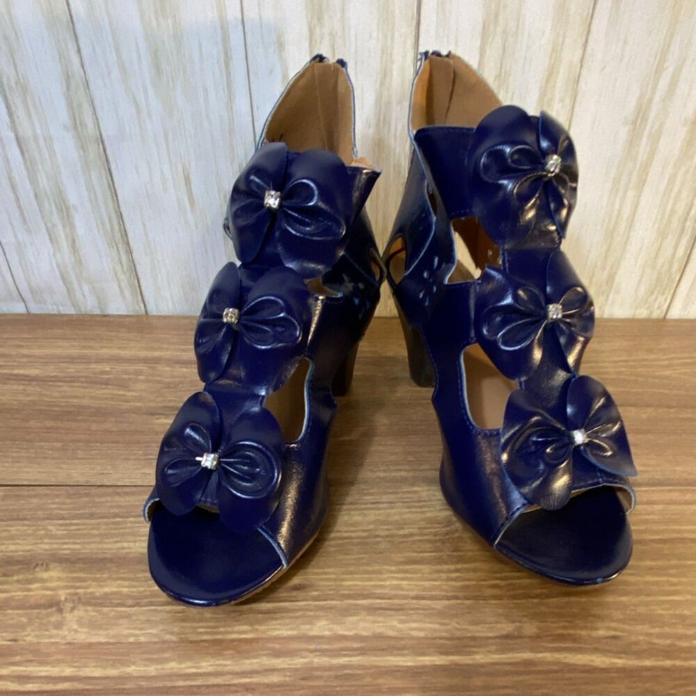 Charming Lady Blue Patent Leather Strappy Block Heels with Bow & Zip, Size 10
